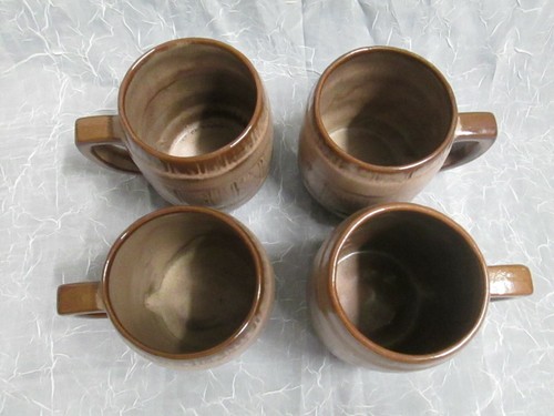 FRANKOMA Art Pottery SET FOUR Brown Satin Wagon Wheel Barrel Coffee Mugs Vintage - Picture 4 of 6