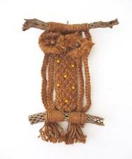 Vtg Mid Century Brown Macrame Owl Wall Art Hanging Driftwood Tree Ball Eyes