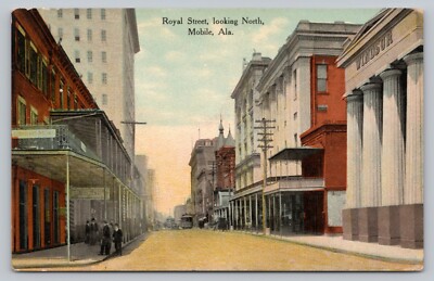 Postcard AL Mobile Royal St Looking North Windsor Stores Signs Shoeshine J3
