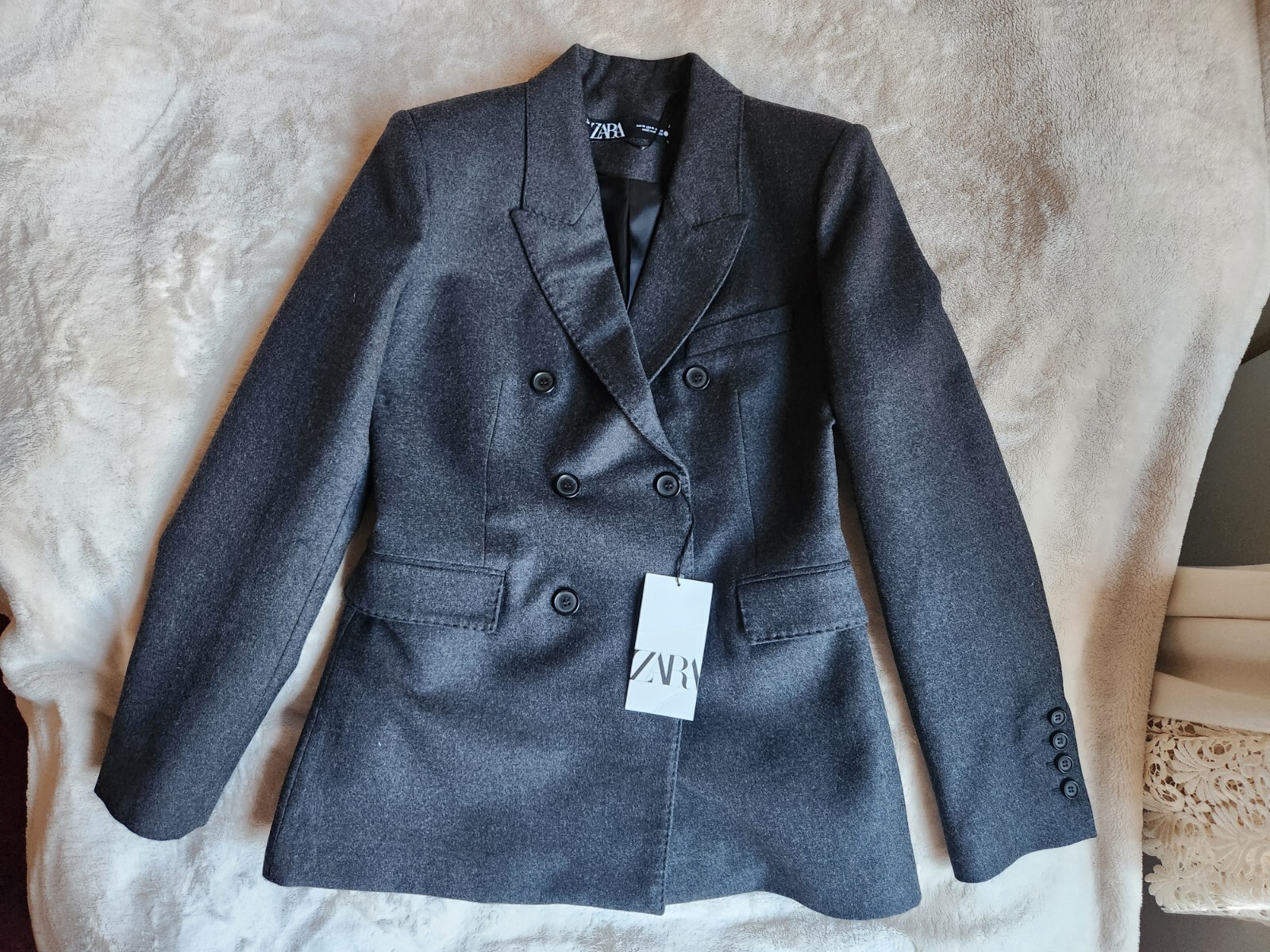 Zara Set Double-breasted wool jacket M+ Pants L Gray Zw Collection BNWT image 8