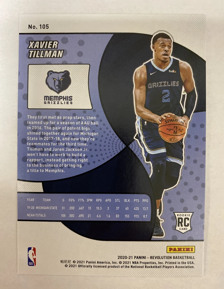 2020 -21 Panini Revolution Xavier Tillman Holographic Rookie Card #105 *PERFECT* - Image 4 of 4