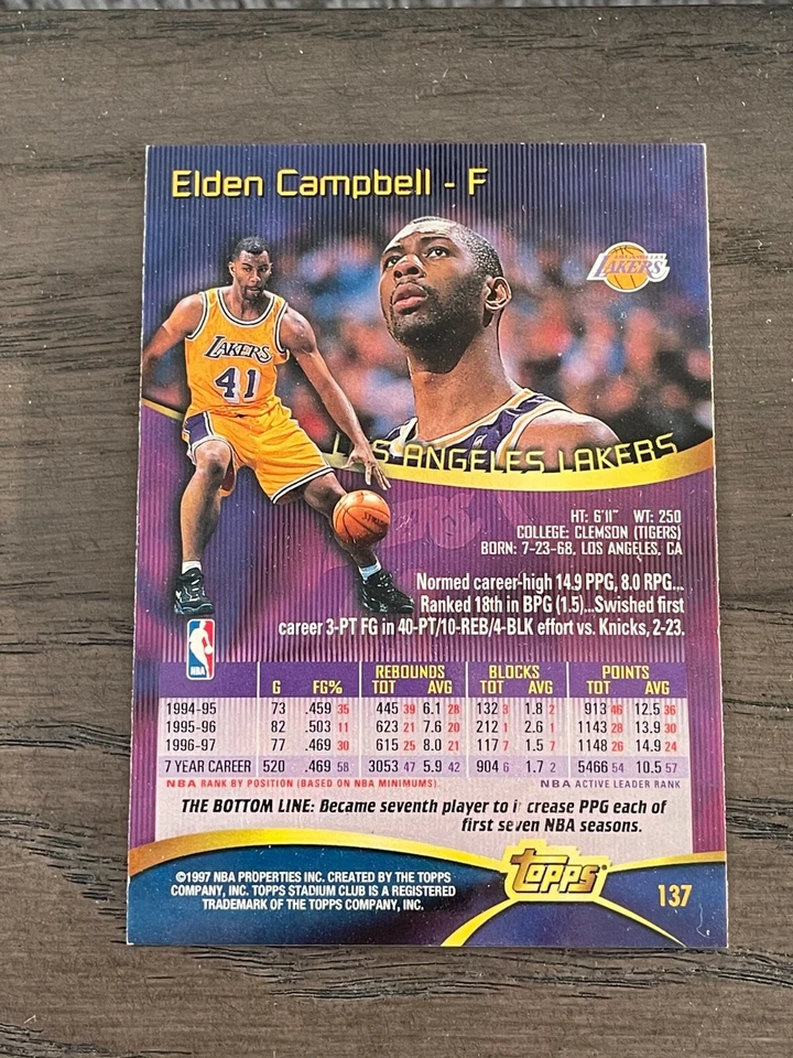 1997-98 Stadium Club Elden Campbell First Day Issue #137 LA Lakers - Image 2 of 2