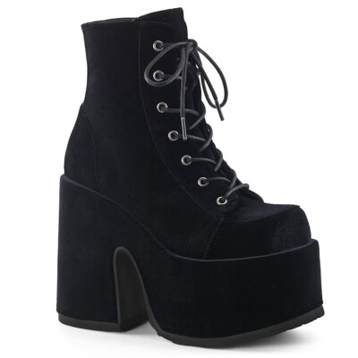 DEMONIA CAMEL-203 Womens 5'' Chunky Heel Platform Black Velvet Lace-Up Ankle Boot
