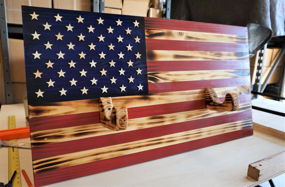 Wooden Rustic American Flag with Gun Rack Handmade 36” x 19.5” Made in the US - Image 2 of 4