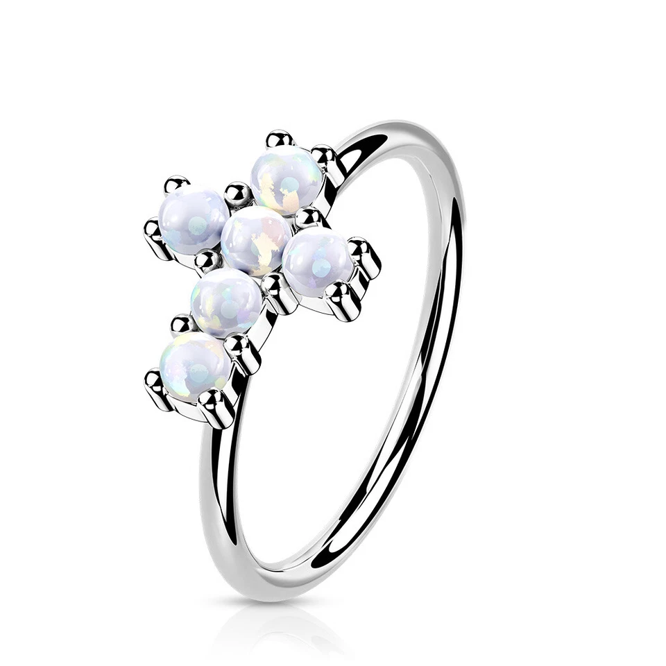 Anillo aro flexible oro 14K ópalo o circonita cúbica conjunto cruz calibre 20 bueno para nariz y oreja Foto 3 de 4