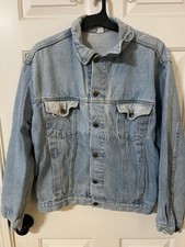 Vintage Oversized Trucker Denim Light Wash Blue Jean Jacket Pockets Sz L