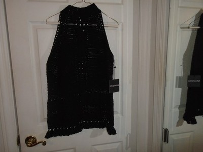 525 America Black Sleeveless Open Knit Sweater W/Tassels SZ SM New W/Tags