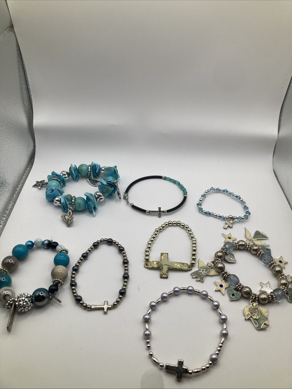 Lot 8 Colorful Beaded Christian Cross Religious Angel Dangling Charm Bracelet