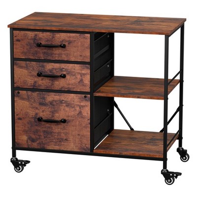 Rustic Brown Mobile File Cabinet with 3 Fabric Drawers & Wood Open Storage Shelf