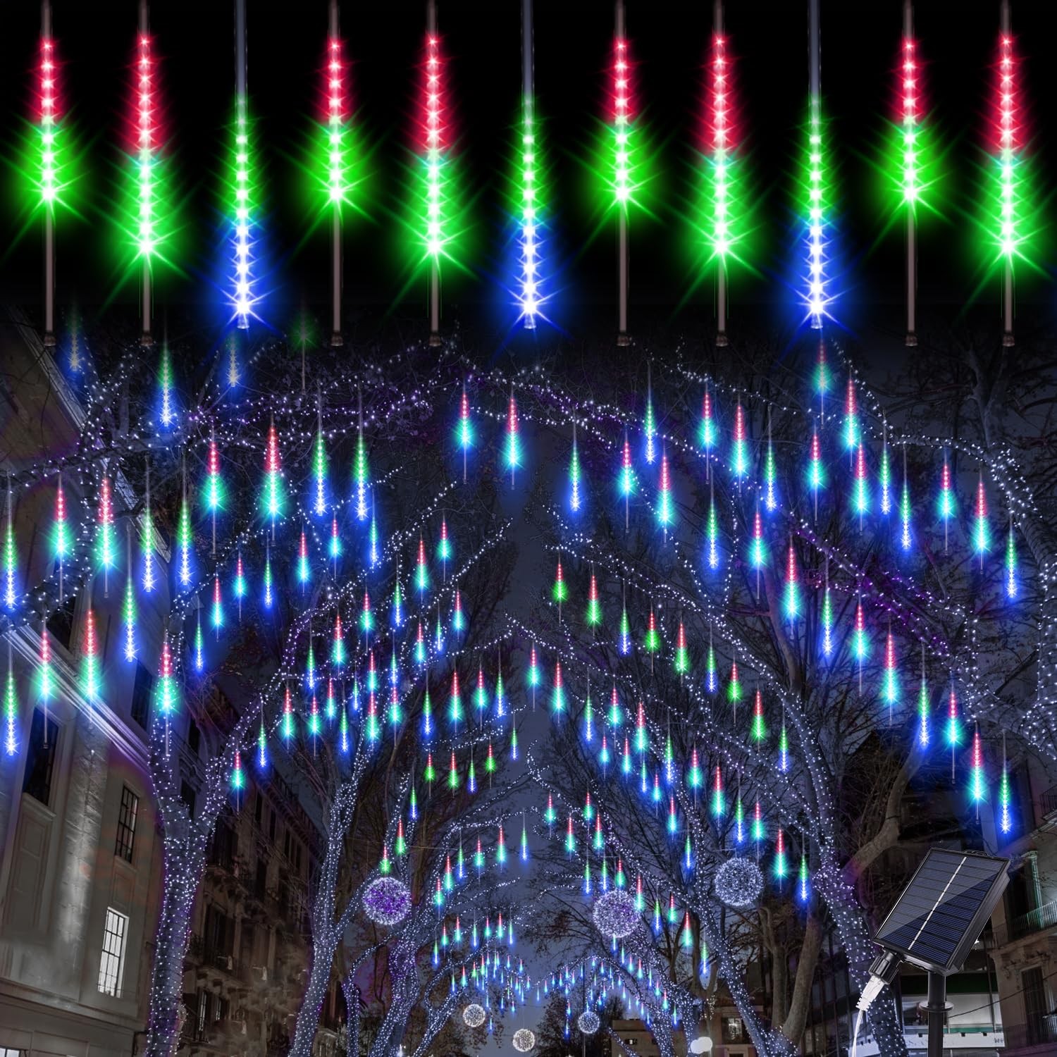 Solar Meteor Shower Christmas Lights Outdoor Waterproof 10 Tubes 16 Inch 360 LEDs
