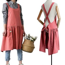Cotton Linen Cross Back Apron for Women with Pockets for Painting Cleaning