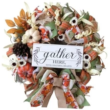  16 Inch Artificial Pumpkin Mesh Wreath with Gather Sign Plank Rustic 