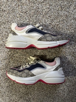 Gucci GG Monogram Rhyton Jacquard Pink Navy Multi Sneakers Size 39 Small Scuffs