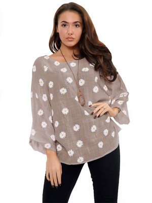 Ladies Italian Tunic Top Daisy Floral Print Round Neck One Size Shirt 3/4 Sleeve