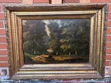 antique painting. Waterfront Rural Landscape. Oil painting on wood panel