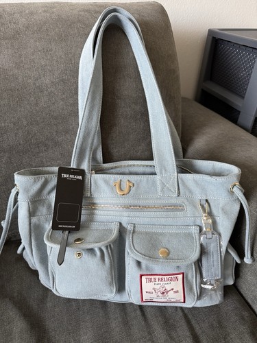 NEW! NWT TRUE RELIGION Logo Patch Multi-Pocket Tote Bag Light Blue Denim Gold