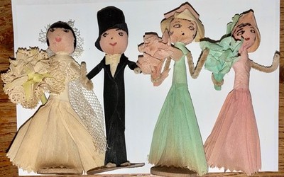 1920/30's Wedding Party 5 Crepe Paper/Wire Cake Toppers Bride, Groom, Attendants