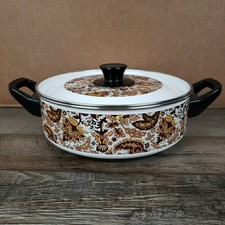 Vintage Fancipans Enamelware 9" Pot Pan Lid Double Handle Flowers Brown MCM