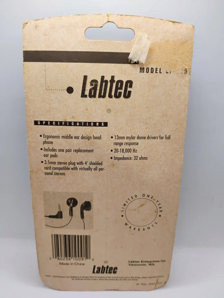 复古 1990 年代 Labtec 立体声耳机 带发条盒(耳塞)- LT-215 — 第 4/4 张图片