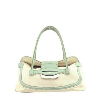 Tods Women Leather Boston Bag White Green Logo Plate Silver Italy Dust Bag