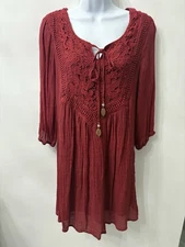 Indigo Rose Women’s Size Medium Dress Boho Burgundy Lace Sleeves Lined Crochet