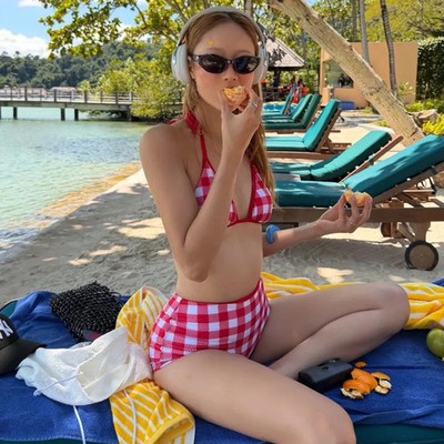 Red Plaid High-Waist Bikini Set Korean Style Two-Piece Swimsuit Sensual Female H