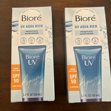 Biore Lot Of 2 Weightless Moisturizer  SPF 50 UV Aqua Rich 1.7 Oz/ea Exp 07/26