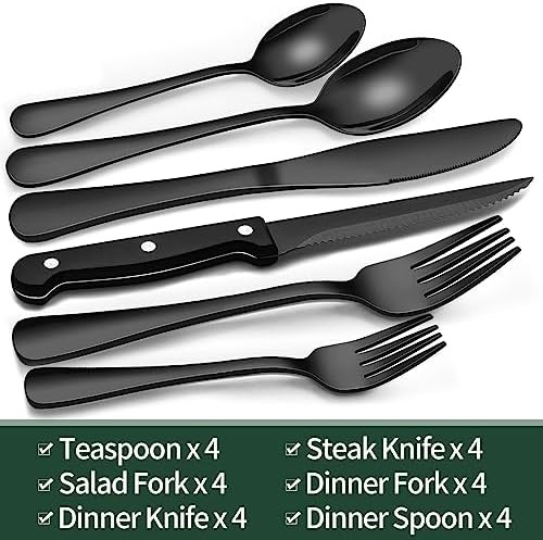 EWFEN 24pc Silverware Set with Steak Knives Stainless Steel Black Set