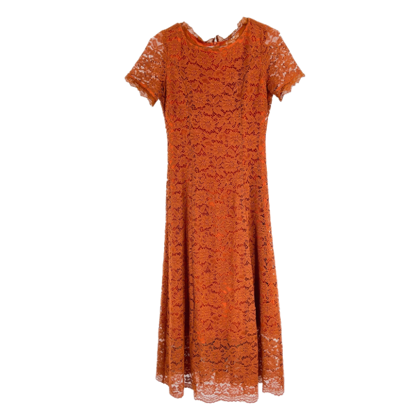 Metisu Dress Orange Floral Lace Short Sleeves A-Line Knee Length Back Zip  Size S