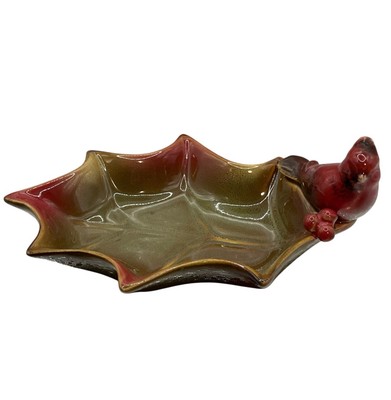 Vintage  7'' Ceramic Red Cardinal Bird Fall Autumn Maple Leaf Candy Trinket Dish