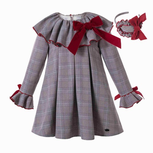 2-8Y Girls Gray Tartan Dress Red Bow Check Plaid Ruffle Collar Dress w/ Headband - Picture 2 of 12