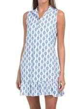 NWT CABANA LIFE Blue & White PICKLEBALL Sleeveless Mock Ruffle Dress - S M L XL
