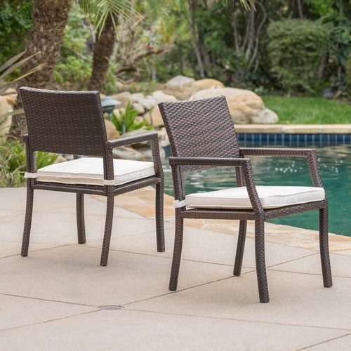 Set of 2 Wicker Rattan Patio Dining Chairs W/cushion for Backyard Porch Garden - Picture 3 of 14