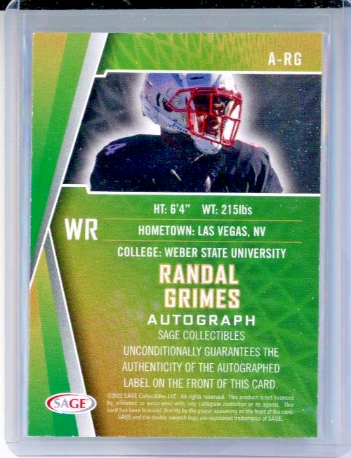 2022 Sage Hit Autograph #A-RG Randall Grimes RC - Weber State