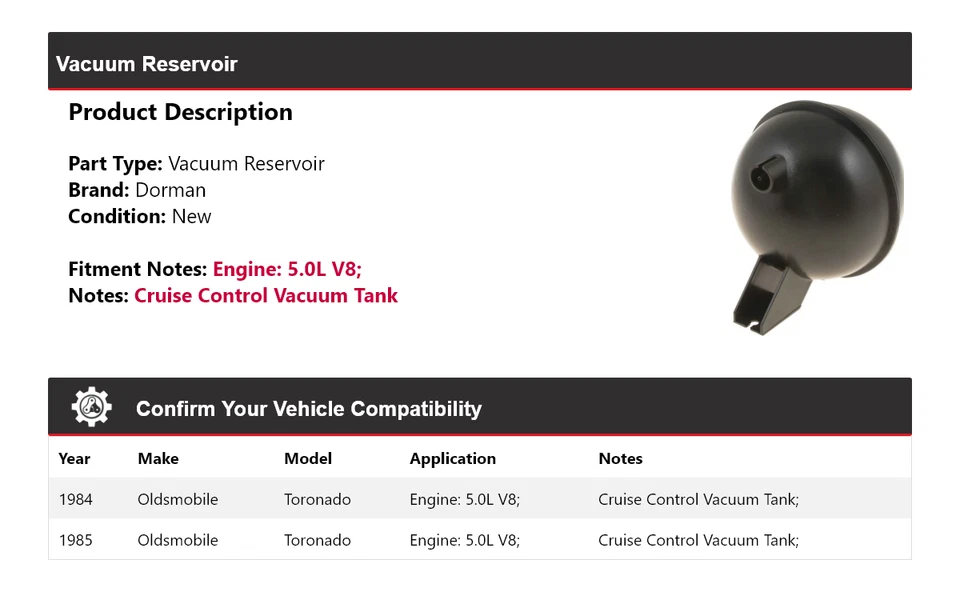 Depósito de vacío Dorman Oldsmobile Toronado 1984-1985 5,0 L V8 Foto 2 de 4