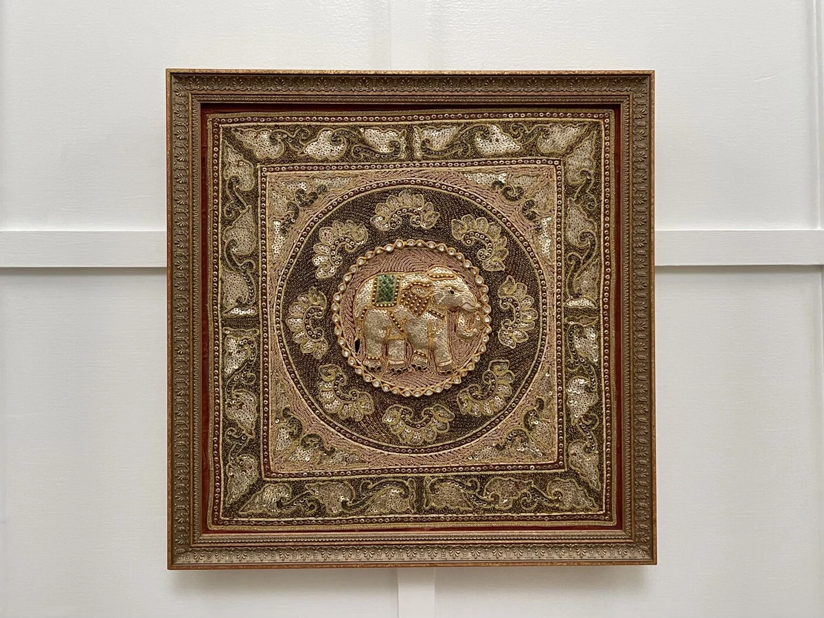 Vintage Burmese Kalaga Tapestry with Jewl colored features green
