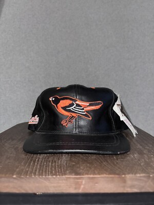 Vintage 90s Baltimore Orioles Black Leather Strap Hat Made In USA RARE MLB NWT