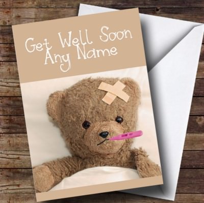 Personalisierte Karte Armen Teddybär im Bett Bald gesund werden