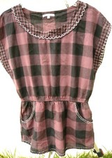 VTG 90S M BUFFALO PLAID CHECK STITCH PURPLE COTTON GRUNGE BLOUSE TUNIC TOP WOMEN
