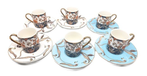 Luxury Bone China Espresso Turkish Coffee Set of 6 Cups + Saucer Colorful Floral