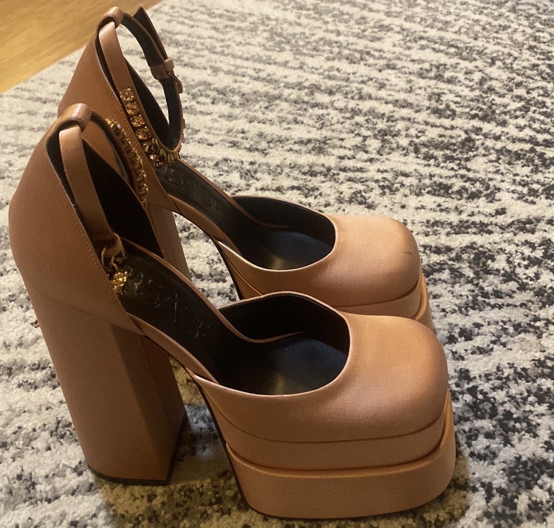 Versace★Aevitas Platform Sandals Satin Crystal Charm NIB Versace Medusa Aevitas Black Satin Crystal Platform