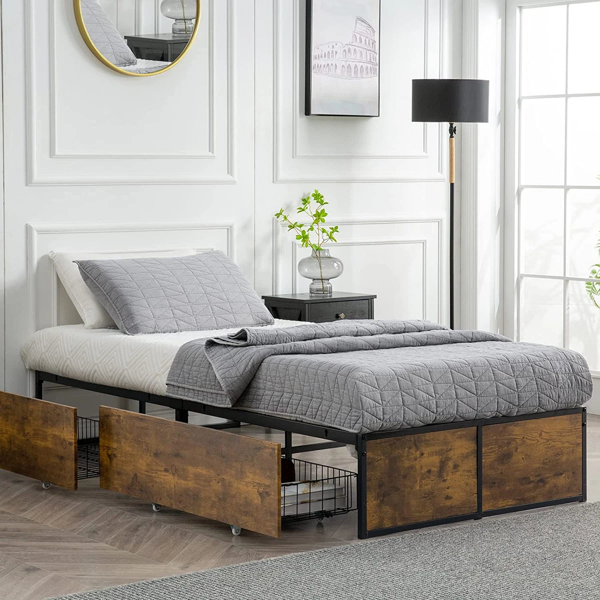 Twin XL Bed Frame with 2 XL Storage Drawers Metal Platform Bed