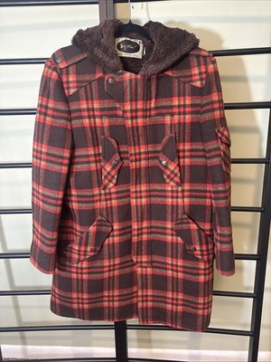 VTG 70 s Big Chief Flannel Jacket Coat Wool Ranch Barn Berber Lined Hood Men s L