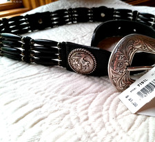 TONY LAMA TOOLED CONCHO BELT SIZE 28 BLACK BEAD  WOOD ACCENTS UNIQUE SILVER 61