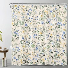 Country Wildflower Shower Curtain Decor,Blue and Yellow Floral Green Leaf