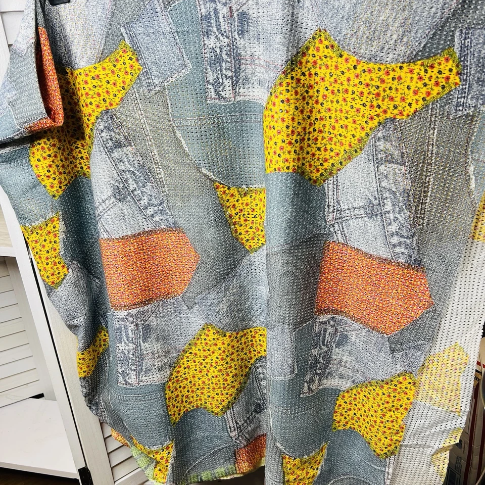 Tecido de malha vintage patchwork aparência aproximadamente 118x60" estampa floral colorida jeans - Imagem 2 de 4