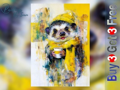 Igel mit Kaffee Ölgemälde Druck 5x7 | Lustiges Tier Wandbild