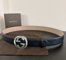 Authentic Gucci Black Leather Monogram GG Belt, Men's 105cm Size 36-38