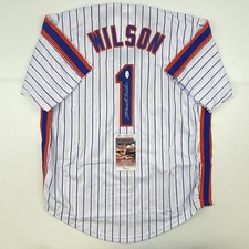 Autographed/Signed MOOKIE WILSON New York Pinstripe Baseball Jersey JSA COA Auto