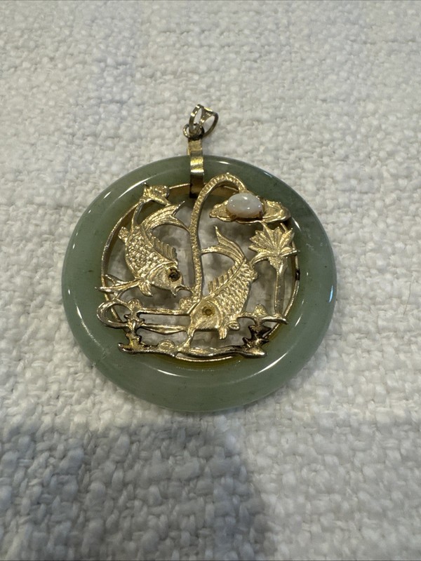 Vintage Gold Jade Koi Fish Charm Pendant Estate Jewelry